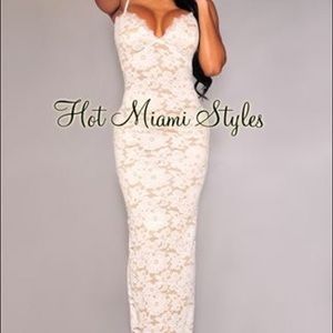 Thin strapped, white lace/nude illusion dress, S